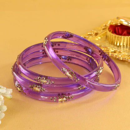 Light Purple Designer Glass Bangles with Golden Work - Set of 4