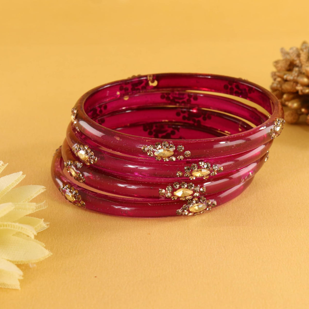 Maroon Designer Glass Bangles with Golden Work - Set of 4