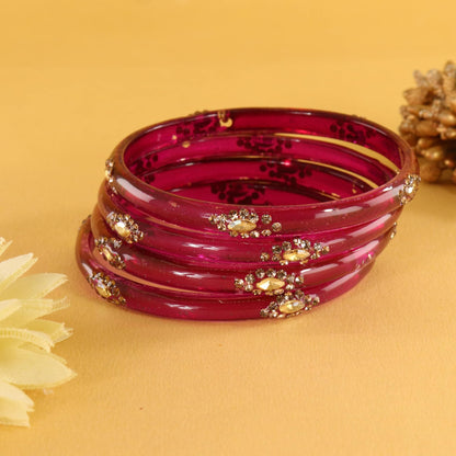 Maroon Designer Glass Bangles with Golden Work - Set of 4