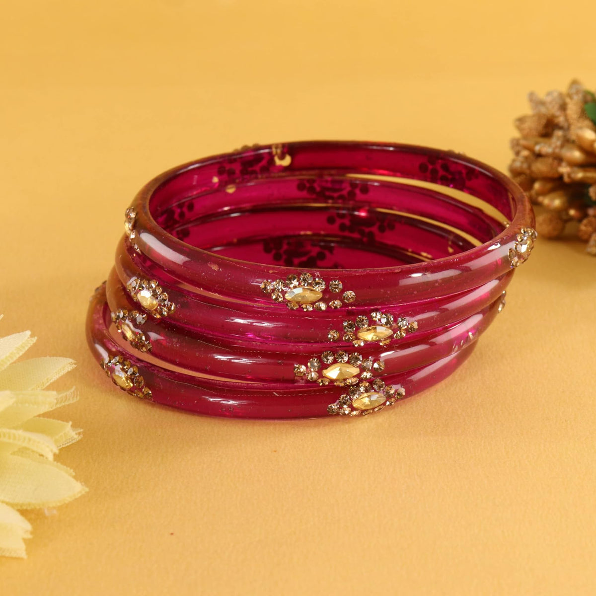 Magenta Designer Glass Bangles with Golden Work - Set of 4