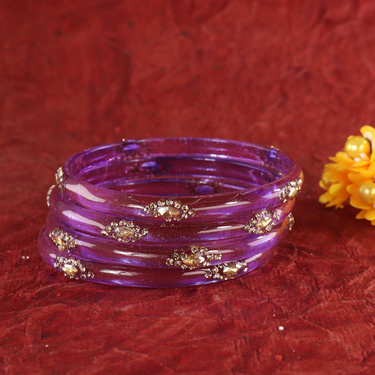 Light Purple Designer Glass Bangles with Golden Work - Set of 4