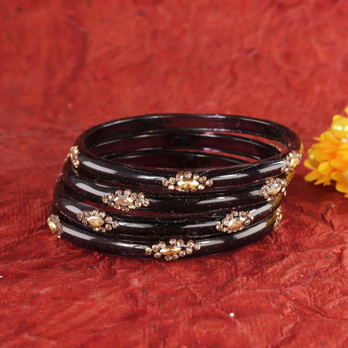 Black Designer Glass Bangles with Golden Work - Set of 4