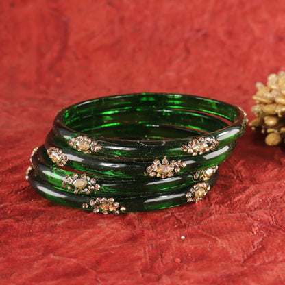 Green Designer Glass Bangles with Golden Work - Set of 4