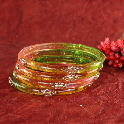 Light Multi Designer Glass Bangles with Golden Work - Set of 4