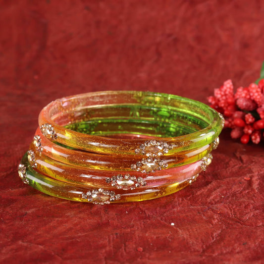 Light Multi Designer Glass Bangles with Golden Work - Set of 4