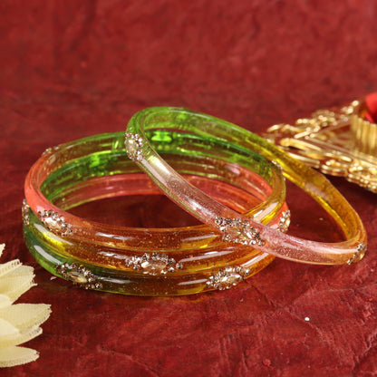 Light Multi Designer Glass Bangles with Golden Work - Set of 4
