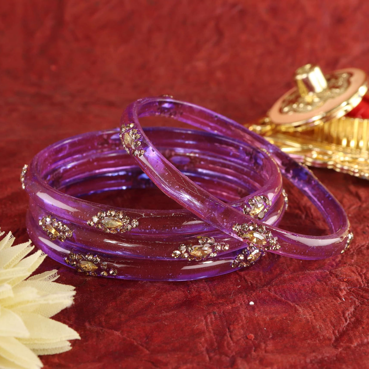 Light Purple Designer Glass Bangles with Golden Work - Set of 4