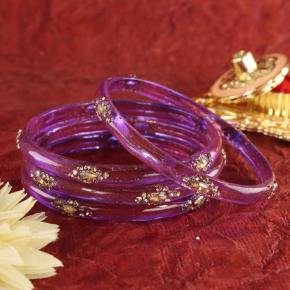 Light Purple Designer Glass Bangles with Golden Work - Set of 4