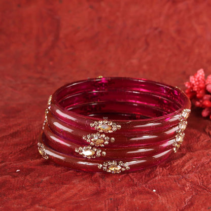 Magenta Designer Glass Bangles with Golden Work - Set of 4