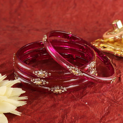 Magenta Designer Glass Bangles with Golden Work - Set of 4