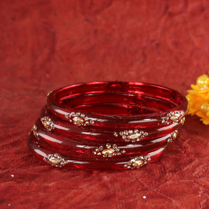 Maroon Designer Glass Bangles with Golden Work - Set of 4
