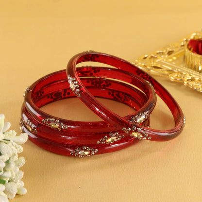 Maroon Designer Glass Bangles with Golden Work - Set of 4