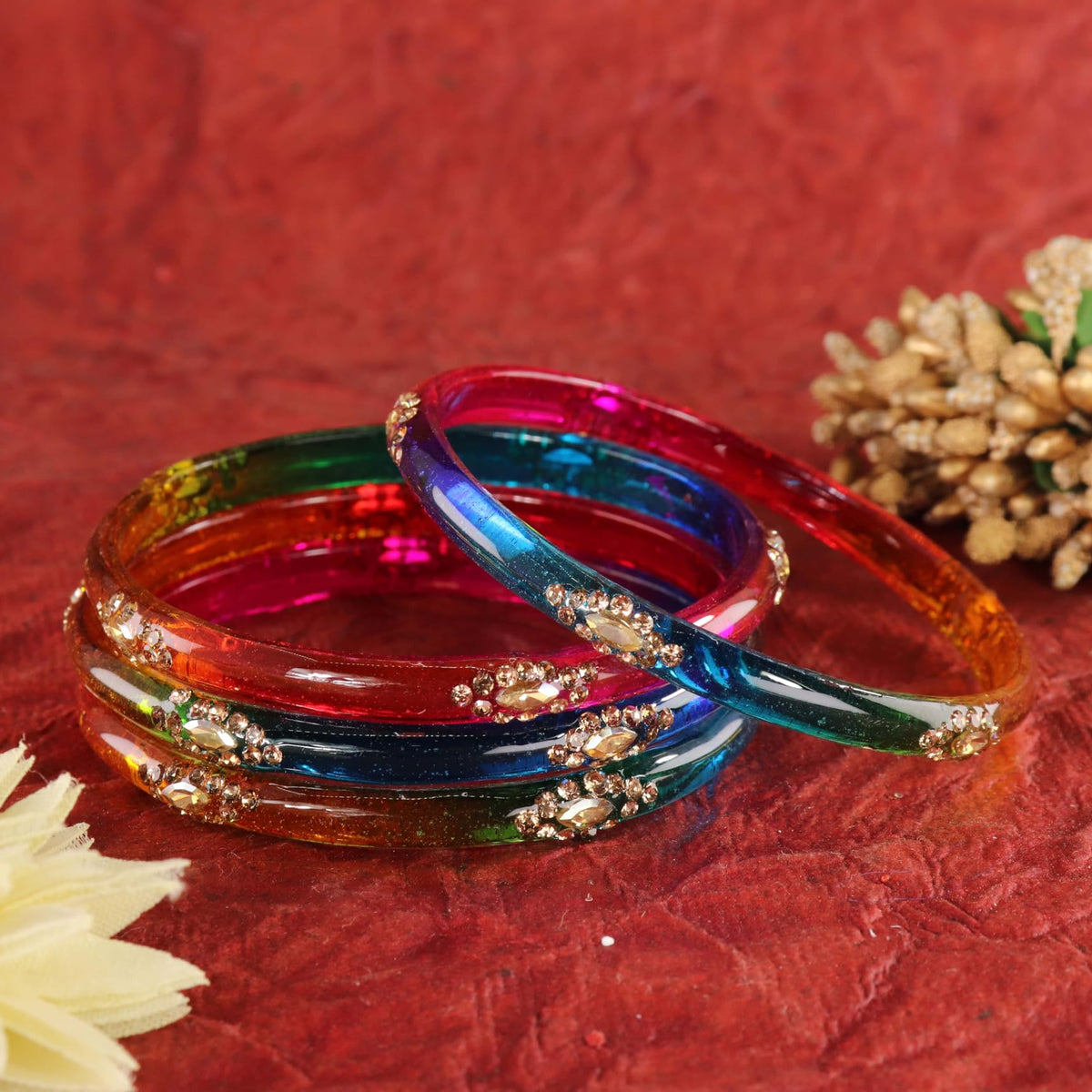 Dark Multicolour Designer Glass Bangles with Golden Work - Set of 4