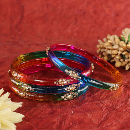 Dark Multicolour Designer Glass Bangles with Golden Work - Set of 4