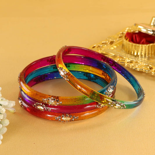 Dark Multicolour Designer Glass Bangles with Golden Work - Set of 4