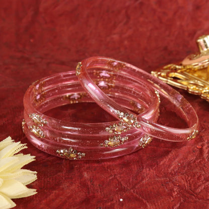 Pink Designer Glass Bangles with Golden Work - Set of 4