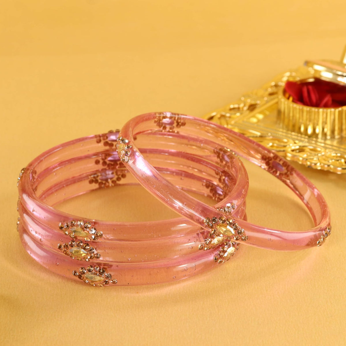 Pink Designer Glass Bangles with Golden Work - Set of 4