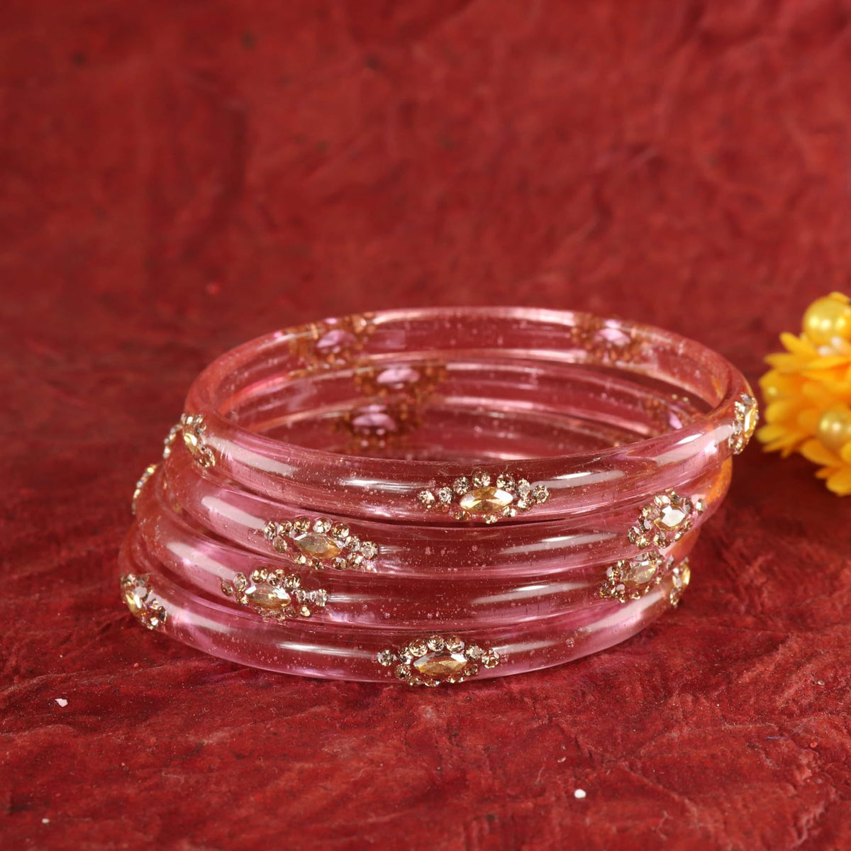 Pink Designer Glass Bangles with Golden Work - Set of 4