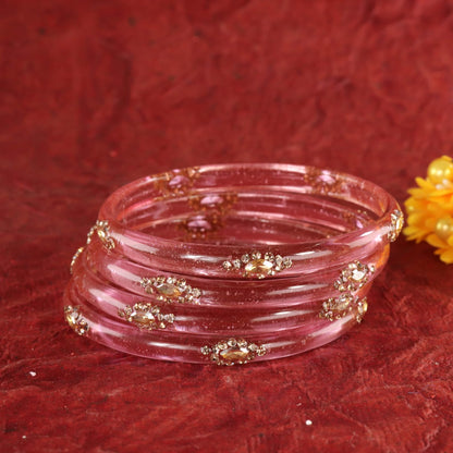 Pink Designer Glass Bangles with Golden Work - Set of 4