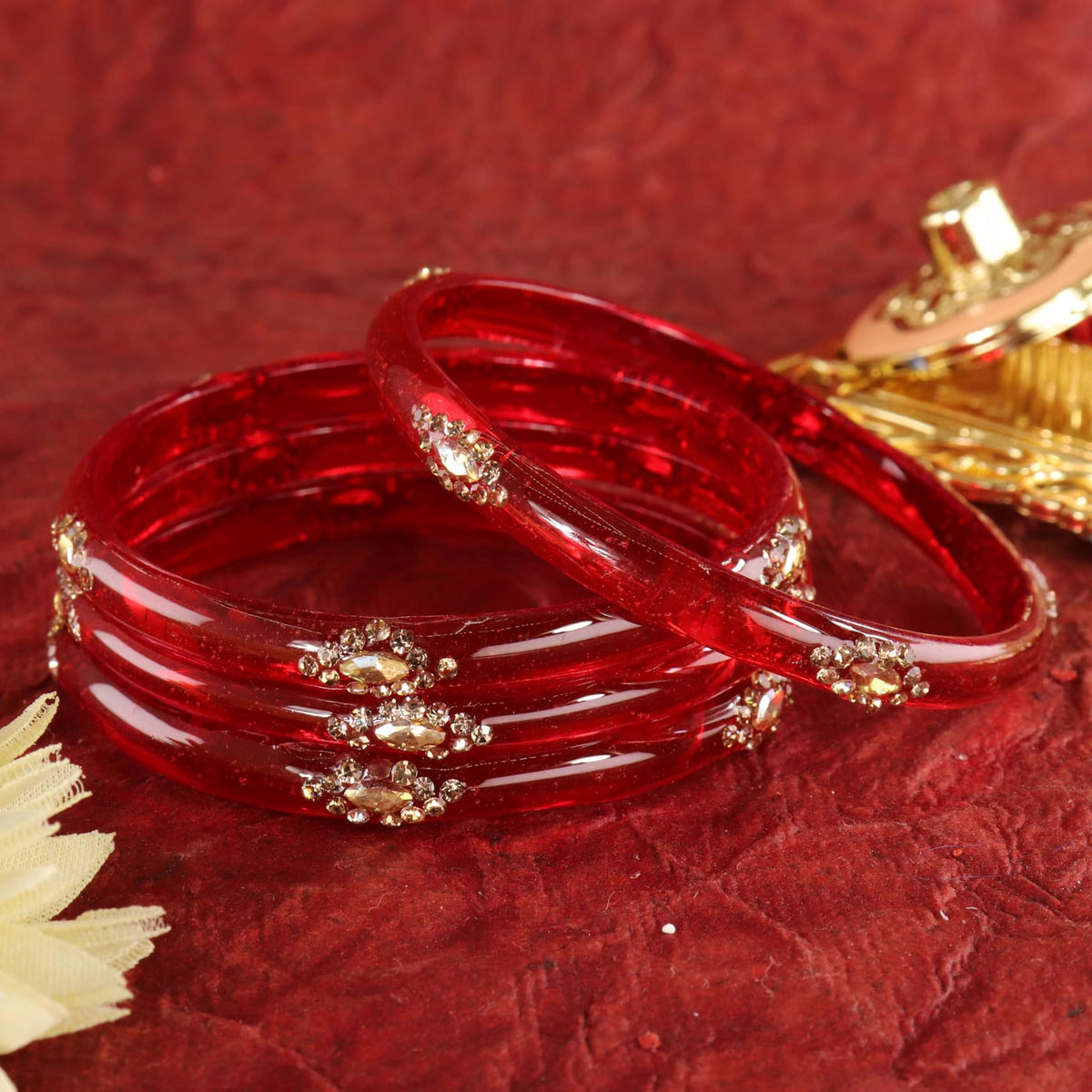 Red Designer Glass Bangles with Golden Work - Set of 4