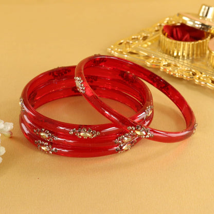 Red Designer Glass Bangles with Golden Work - Set of 4