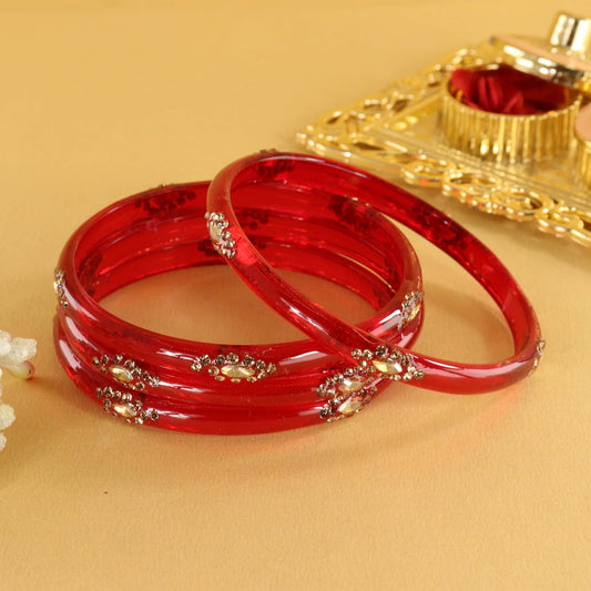Red Designer Glass Bangles with Golden Work - Set of 4