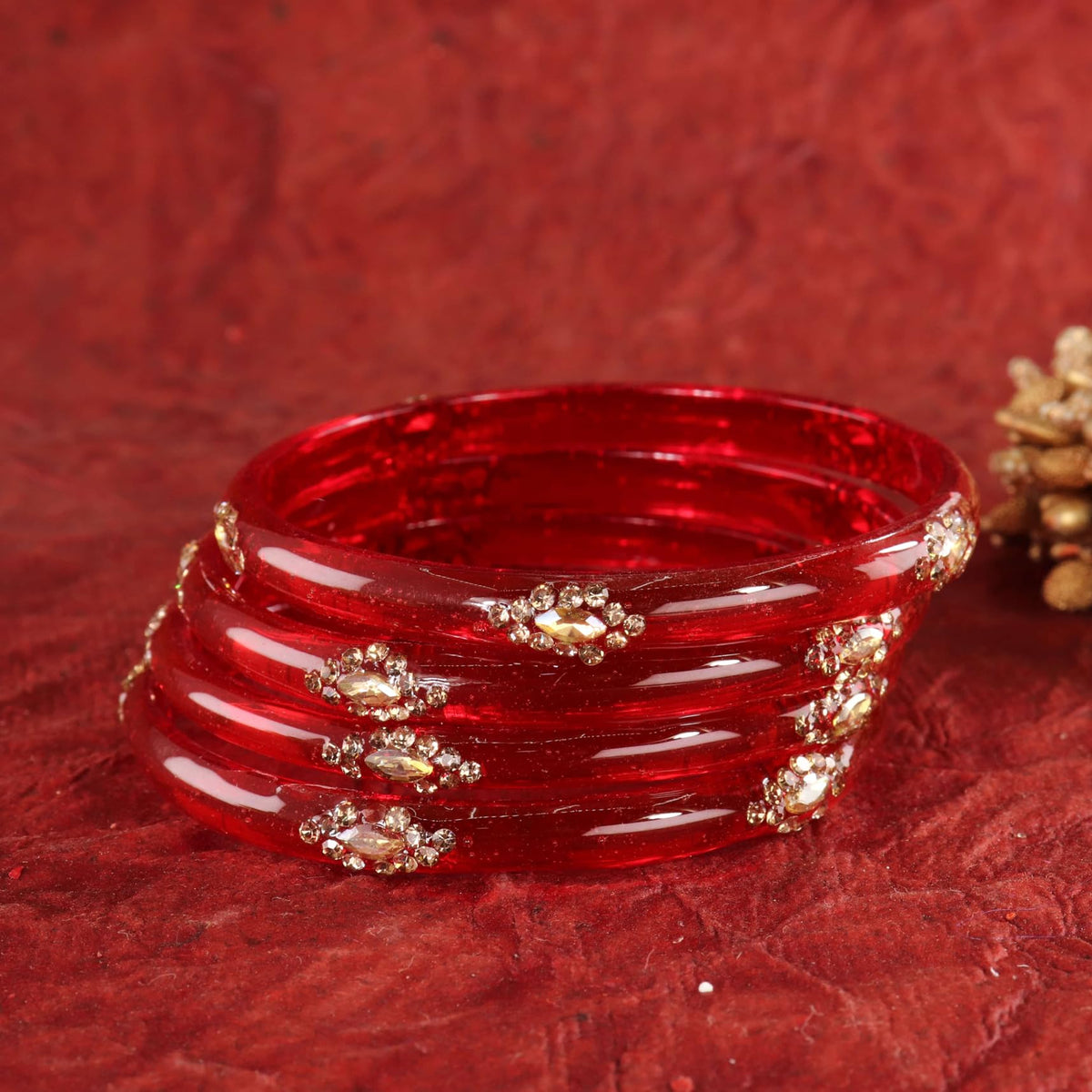 Red Designer Glass Bangles with Golden Work - Set of 4