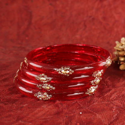 Red Designer Glass Bangles with Golden Work - Set of 4