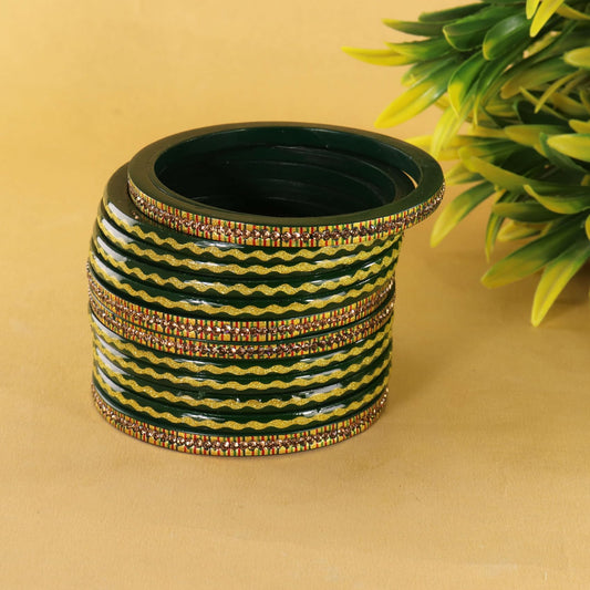 Green Premium & Gold Designer Bangles Set - Pack of 12