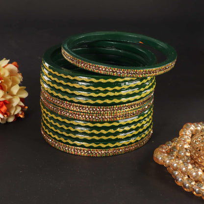 Green Premium & Gold Designer Bangles Set - Pack of 12