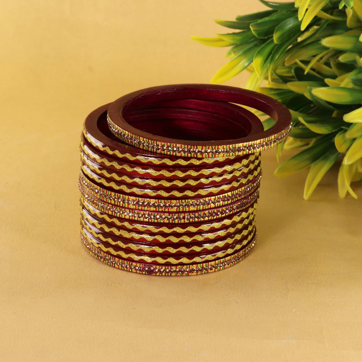 Maroon Premium & Gold Designer Bangles Set - Pack of 12