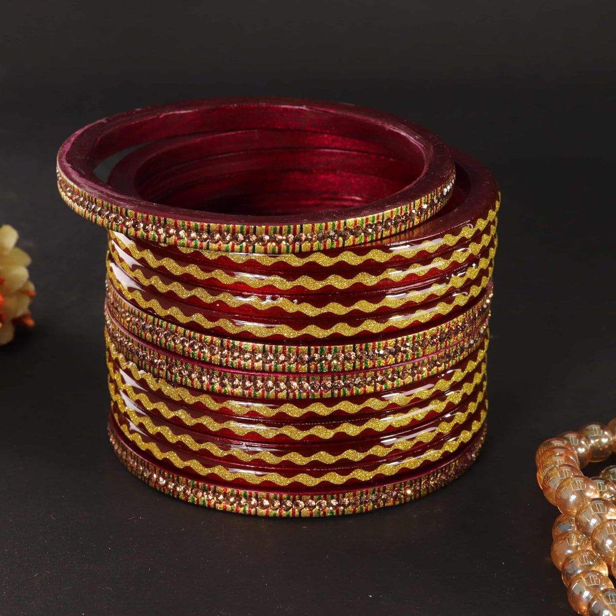 Maroon Premium & Gold Designer Bangles Set - Pack of 12