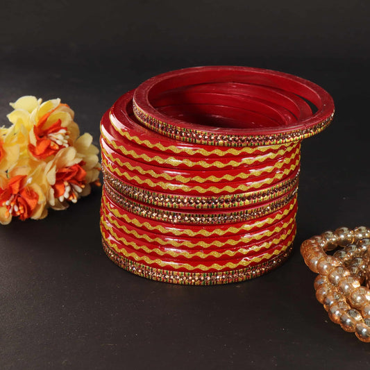 Red Premium & Gold Designer Bangles Set - Pack of 12