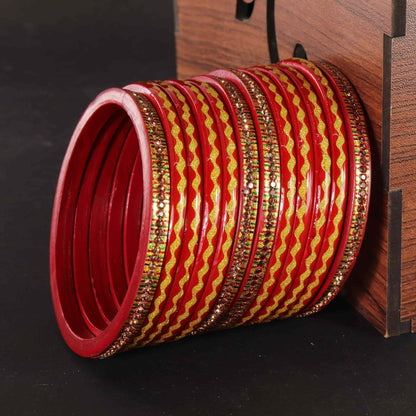 Red Premium & Gold Designer Bangles Set - Pack of 12