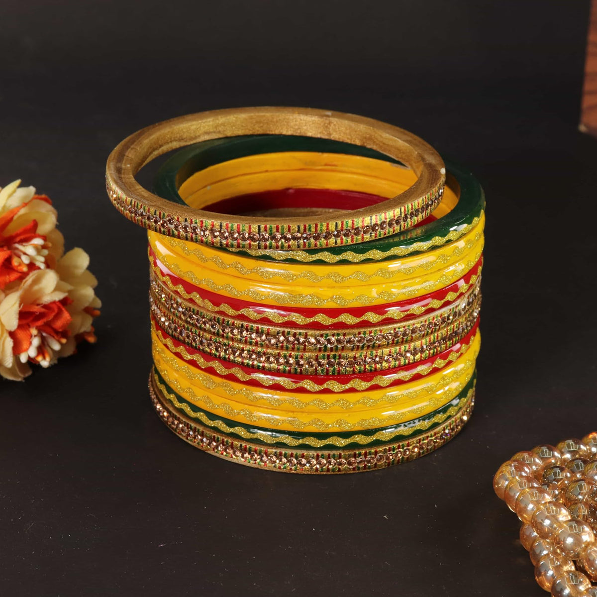 RGY Premium & Gold Designer Bangles Set - Pack of 12