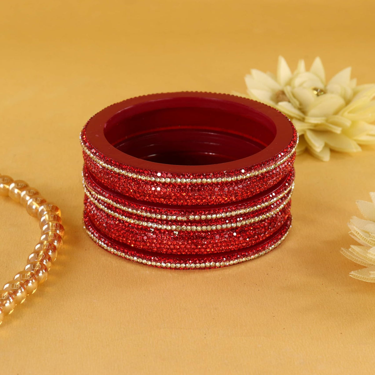 Red Designer Bangle Set Glitter Party Wear - Set of 6