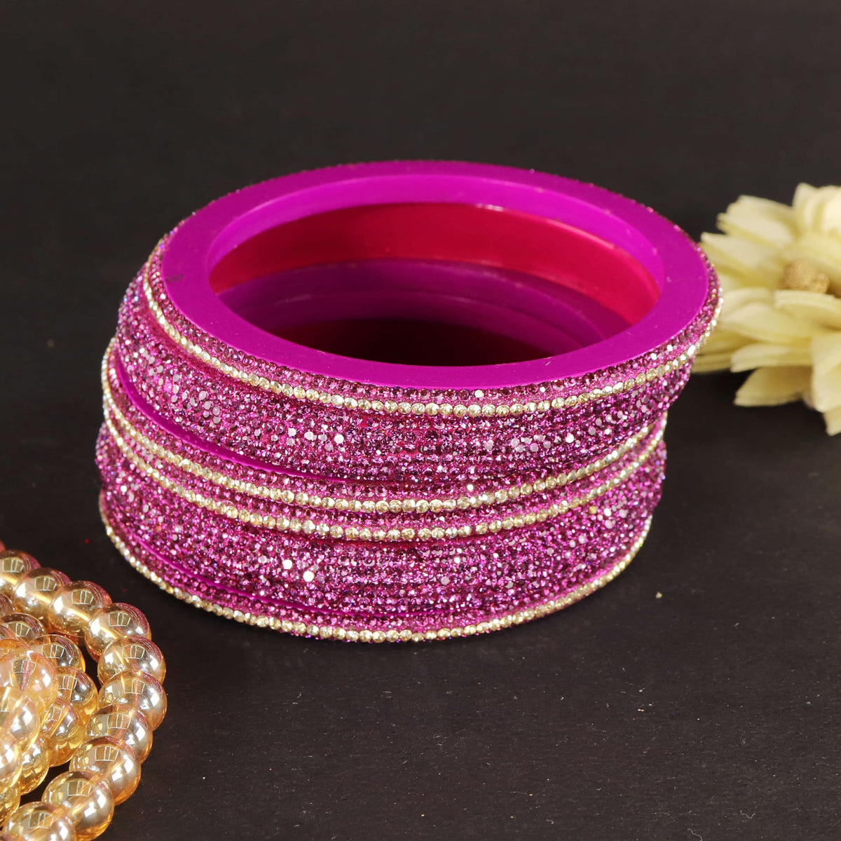 Magenta Designer Bangle Set Glitter Party Wear - Set of 6