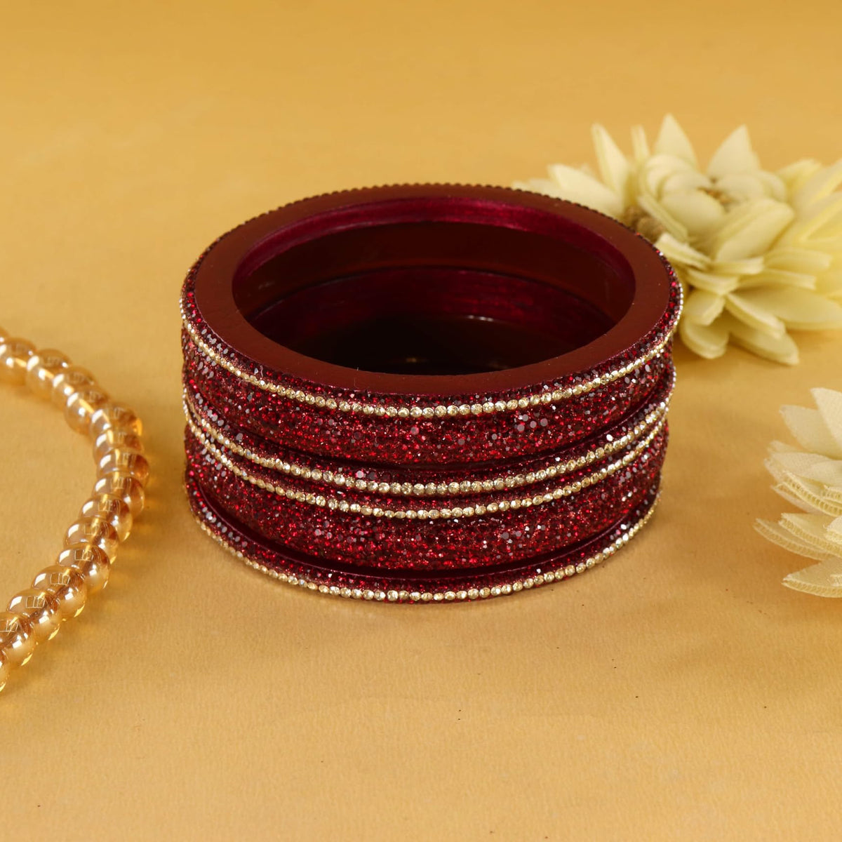 Maroon Designer Bangle Set Glitter Party Wear - Set of 6