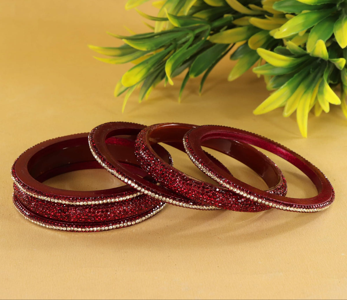 Maroon Designer Bangle Set Glitter Party Wear - Set of 6
