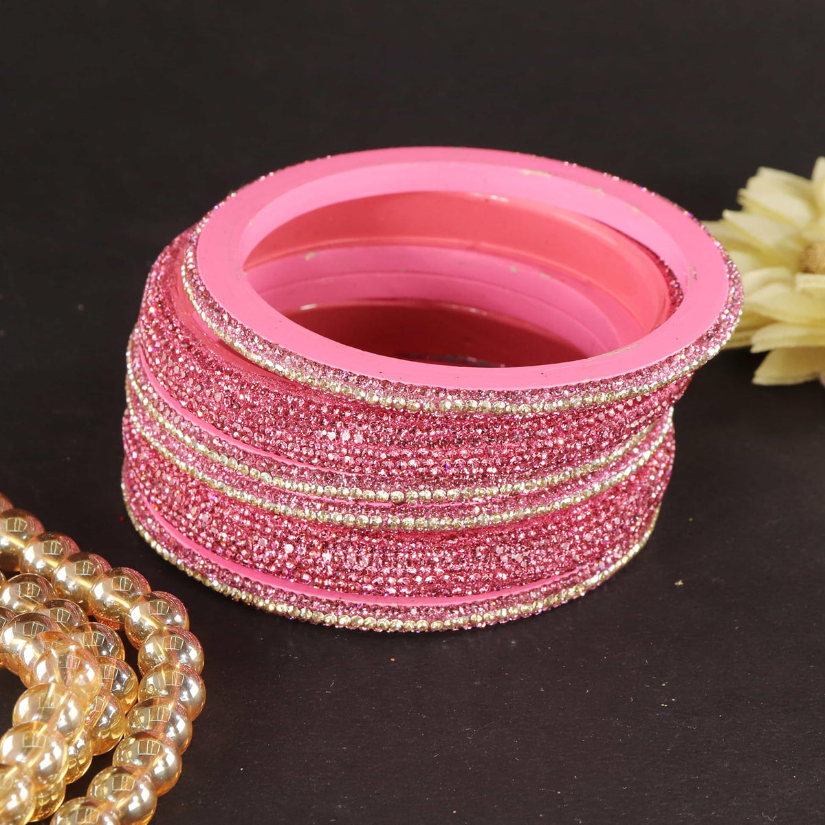 Pink Designer Bangle Set Glitter Party Wear - Set of 6
