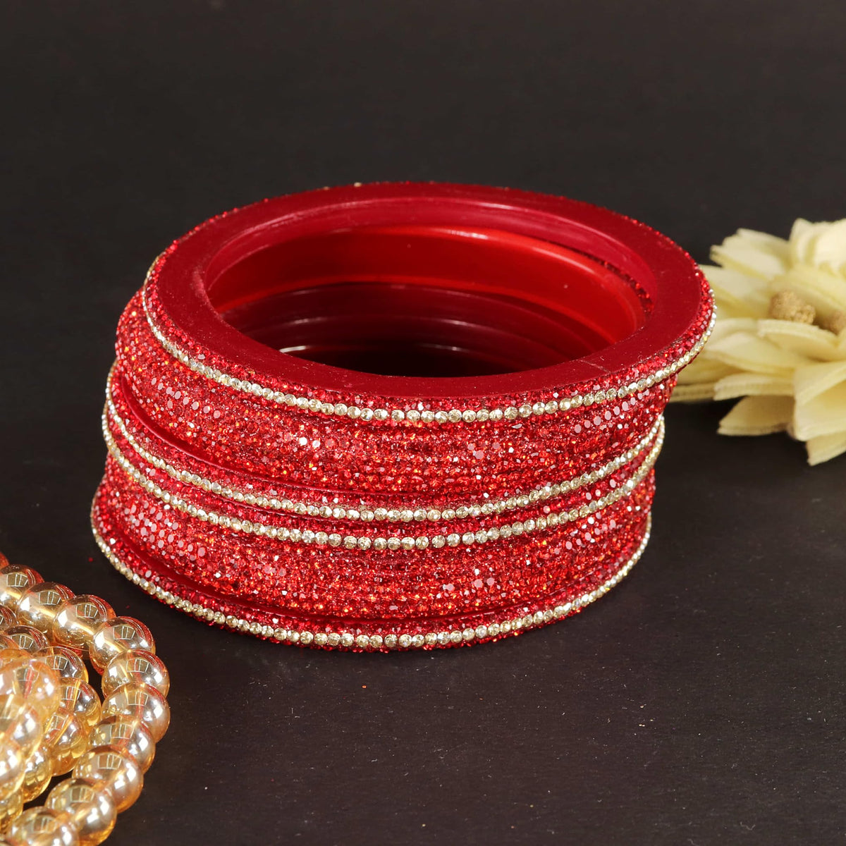 Red Designer Bangle Set Glitter Party Wear - Set of 6