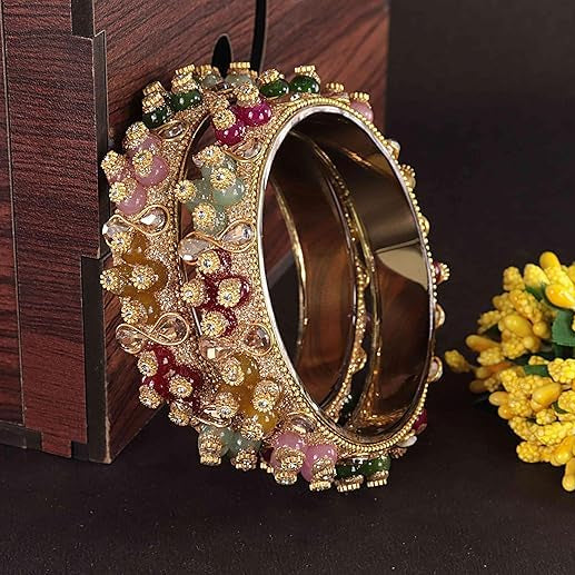 Gold-Multi Kundan Stone Designer Kada - Set of 2