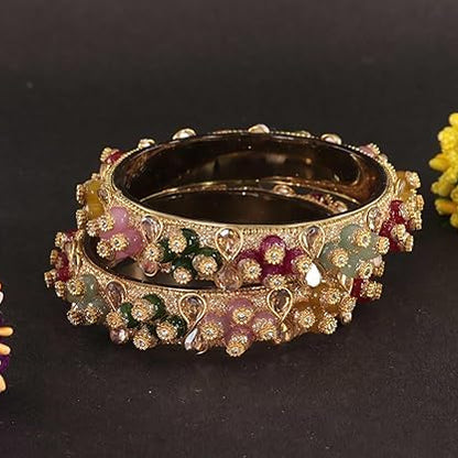Gold-Multi Kundan Stone Designer Kada - Set of 2