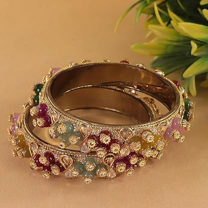 Gold-Multi Kundan Stone Designer Kada - Set of 2