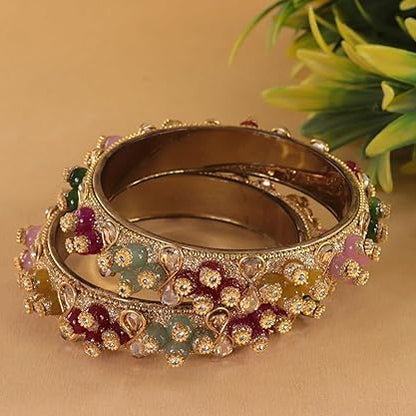 Gold-Multi Kundan Stone Designer Kada - Set of 2