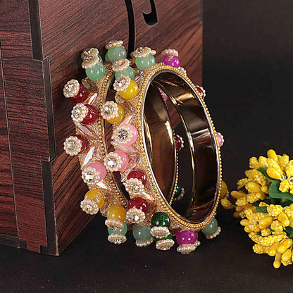 Gold-Multi Beaded Floral Kundan Kada Set - Set of 2