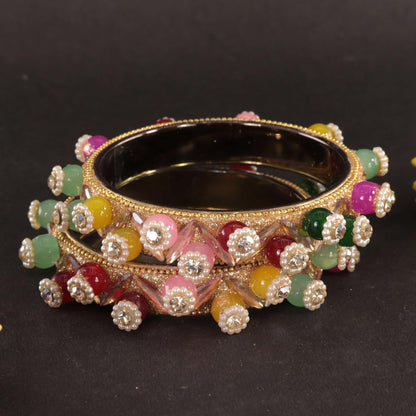 Gold-Multi Beaded Floral Kundan Kada Set - Set of 2