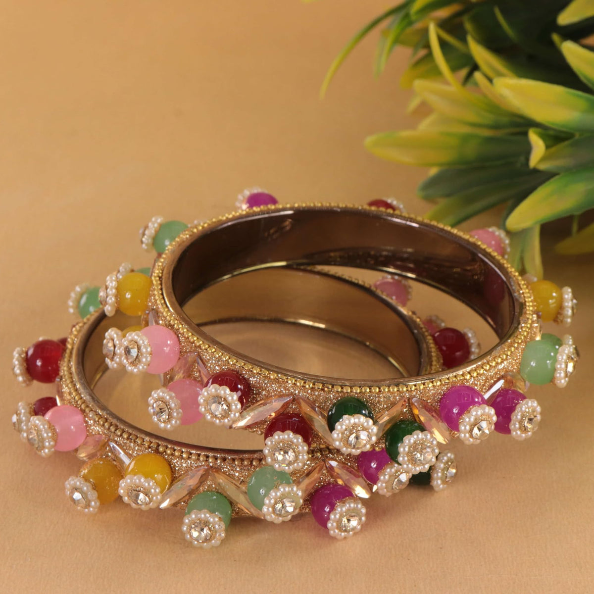 Gold-Multi Beaded Floral Kundan Kada Set - Set of 2