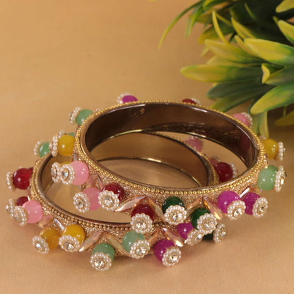 Gold-Multi Beaded Floral Kundan Kada Set - Set of 2