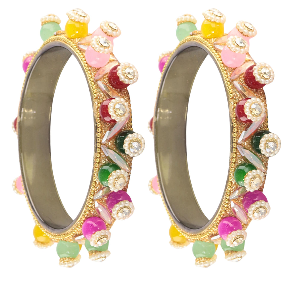 Gold-Multi Beaded Floral Kundan Kada Set - Set of 2